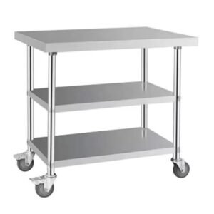 Stainless Steel Table With Casters & Double Shelves